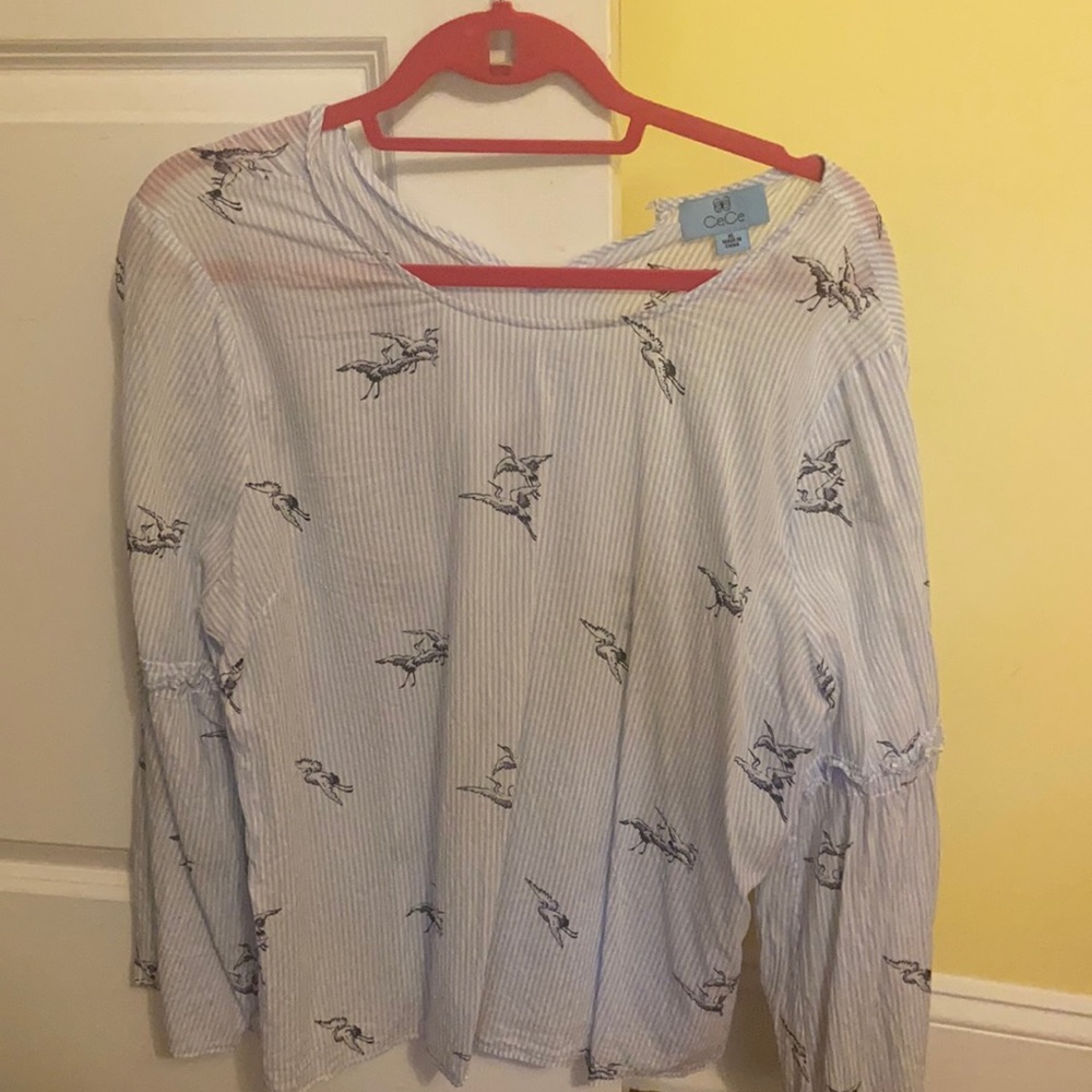 Light Blue CeCe Top with Birds